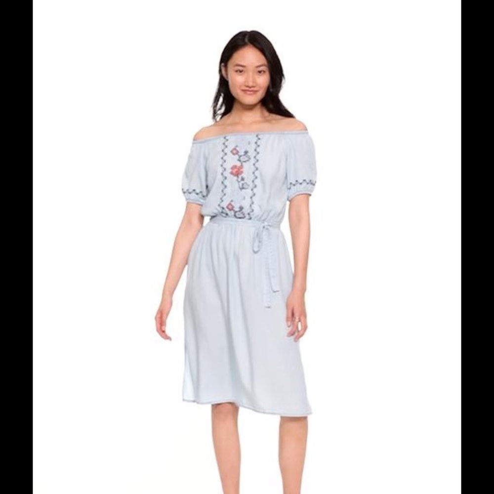Embroidered Off-Shoulder Dress in Light Blue